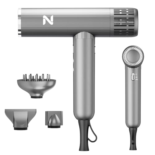 Natrial Ionic Salon Hair Dryer with 3 Attachments, 1600W Professional Blow Dryer with 110000RPM High Speed Brushless Motor for Fast Drying, Lightweight, Low Noise, Locking Function, 4 Temps & 3 Speeds