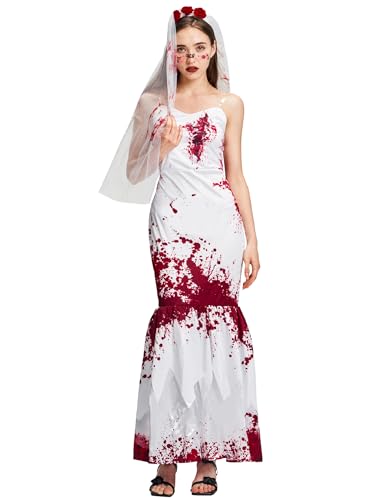 Women Zombie Bride Costume, Vampire Fishtail Dress with Veil Headband Bloody Corpse Skirt for Halloween Party S