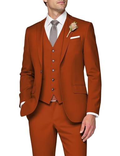 SPTALLFITJSV Burnt Orange 3 Piece Suit Men Trajes para Hombres De Vestir Slim Fit Men's Wedding Suits for Groom Beach Summer Wedding Suits for Husband Size S