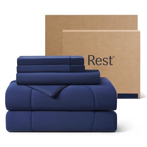 Rest® Evercool®+ Cooling Comforter Set, Queen, Midnight Blue, 4pcs with Cooling Blanket, Wrinkle-Free Deep Pocket Fitted Sheet, 2 Silver-Infused Pillowcases for Skin and Hair Bed Set for Ultra Comfort