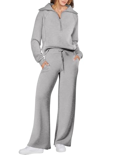 ANRABESS Women 2 Piece Outfits Sweatsuit Oversized Sweatshirt Sweatpants Tracksuit Sweat Lounge Matching Set 2024 Fall Trendy Light Grey Small