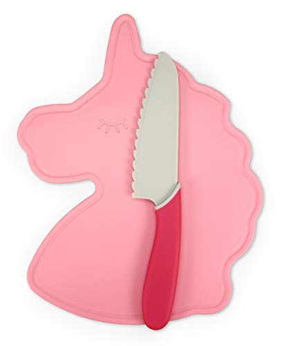 Handstand Kitchen Unicorn Shaped Cutting Board with 6" Serrated Knife for Kid Safe Cooking