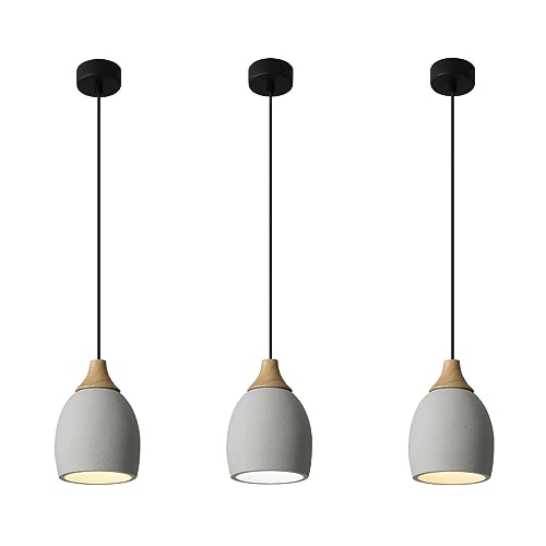 TIGKHAE Concrete Pendant Light with Wooden, Dimming E26 Hanging Light for Restaurant Bar, Modern Industrial Hanging Cement Pendant Lighting Fixture for Kitchen Island Dinning Room Bedroom 3-Pack