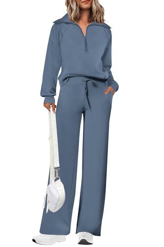 PRETTYGARDEN Women's 2 Piece Outfits Casual Lapel Half Zip Sweatshirts And Wide Leg Pants Tracksuit Sets (Grey Blue,Small)