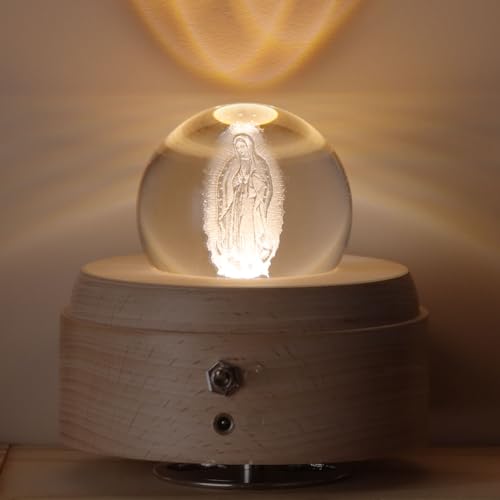 QIANLING 3D Rechargeable Guadalupe Crystal Ball Music Box with Led Projection Light and Rotating Wooden Base, Creative Wooden Virgin Mary Crystal Ball Music Box, Suitable for Interior Religious Decor