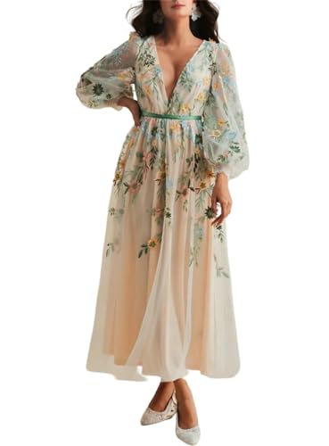 Yfqioys A Line Boho Romantic Tulle Floral Dress Puff Sleeve Deep V Neck Ankle Length French Style Dress with Embroidery 2024