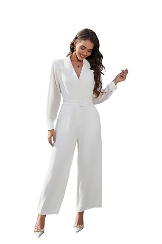 Love Welove Women's Elegant Off White Formal Jumpsuit - Long Chiffon Sleeves, Wide-Leg Design, Tailored Collar, with Belt, Perfect for Evening & Office Wear