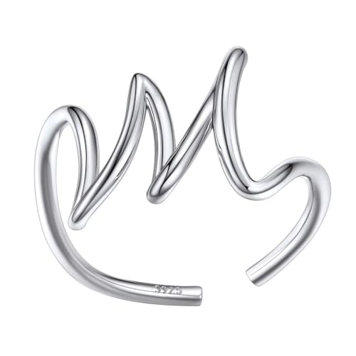 SILVERCUTE Silver Knuckle Ring 925 Sterling Silver Open Band A-Z 26 Initial Letter M Ring for Women