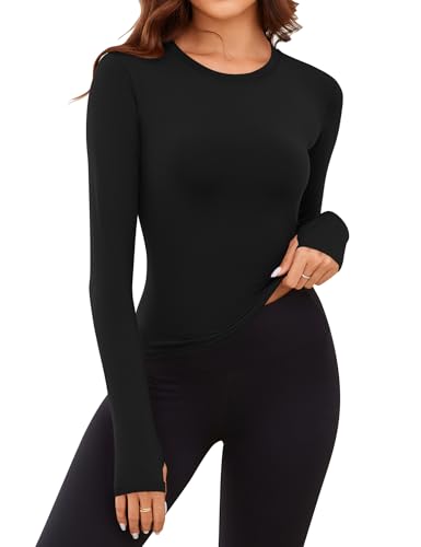 Rapbin Thermal Shirts for Women Long Sleeve Fitted Underwear Crewneck Fleece Lined Top Base Layer Undershirt for Winter Cold Weather with Thumb Holes Black