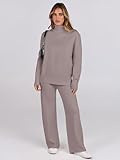 ANRABESS Womens 2 Piece Outfits Sweater Sets Loose Turtlenck Knit Pullover Top Wide Leg Pants 2024 Fall Lounge Sweatsuits Khaki Medium