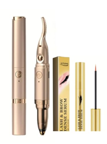 Generic Electric Heating Eyelash Curler with Electric Eyebrow Knife Trimmer Beauty Instrument 2 in 1 & 0.1oz Ginseng Extract Eyelash Serum, Gold
