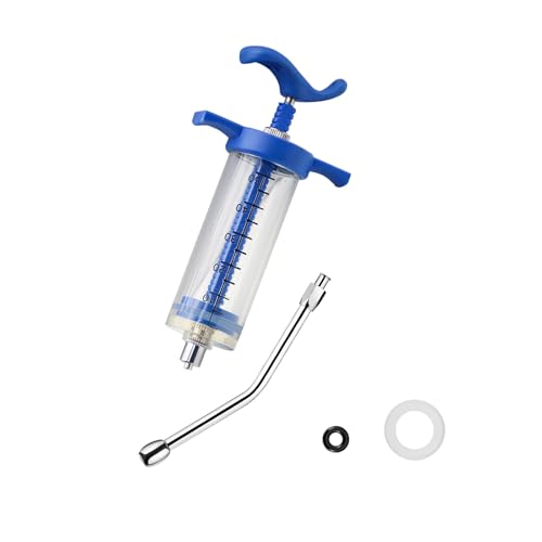 50ML Syringe with Drench Nozzle Young Birds Feeding Syringe Adjustable Dosage Reusable Syringes Drench Gun for Goat, Horse, Sheep, Pig, Cattle, Dog Cat Feed Milk and Medicine (Blue-50ML)