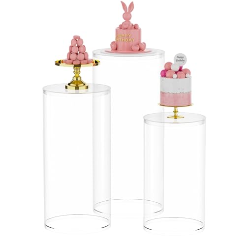 Putros Cylinder Pedestal Stands 3Pcs Clear Round Cylinder Pedestal Display Plinth Pillars for Wedding Party Decor 35.4''(L),29.5''(M),23.6''(S)