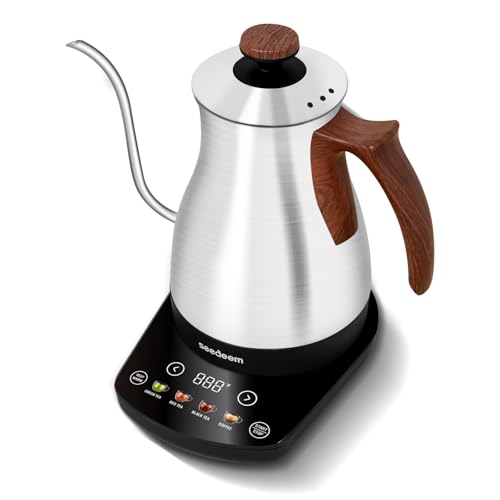 SEEDEEM Gooseneck Electric Kettle Full Touch Screen 1200W Electric Tea & Coffee Kettle with Four Heating Modes Rapid Heating,±1℉ Temperature Control，Keep Warm Mode,3.88oz Electric kettle