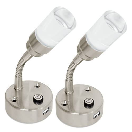 Dream lighting RV Reading Lights with USB 12V LED Bedside Book Lamps for Interior Automotive RV Trailer, Blue & Cool White Light, Brushed Nickel-Plated, Pack of 2