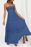 ZESICA Women's 2025 Summer Bohemian Strapless Off Shoulder Lace Trim Backless Flowy A Line Beach Long Maxi Dress,Blue,Small