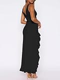 MIYIEONZ Women Sexy V Neck Sleeveless Mesh Ruffle Hem Bodycon Maxi Dress Casual Y2K Backless High Slit Cocktail Party Club Dress Black