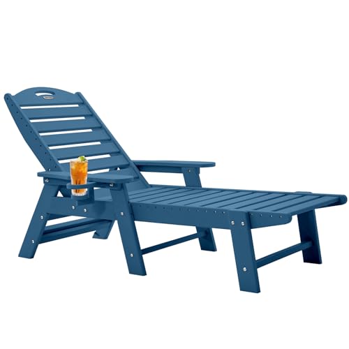 Chaise Lounge for Outdoor, Patio Lounge Chairs for Outside, Chaise Lounge Chair with 6 Positions, HDPE Lounge Chair with Cup Holder for Pool Poolside Deck Backyard Lawn, Azure Blue