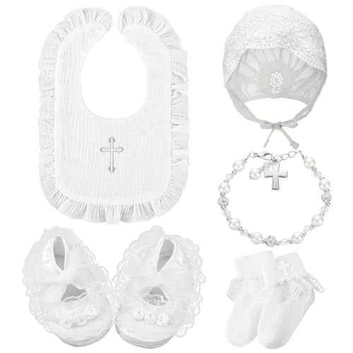 5 Pcs Christening Bib for Baby Girl White Baptism Bib Christening Socks Shoes Baby Bonnet Lace Hat Cross Charm Bracelet Baptism Outfits for Toddler Infant First Communion Gift