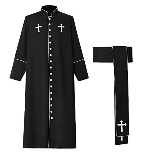 Men's Priest Costume Pastor Robe Roman Cassock With Stand Collar and Belt (Black, Large)