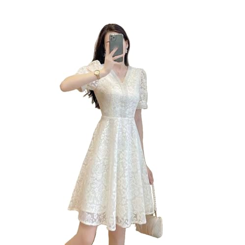 Runway Autumn Lace Dress Vintage Women Puff Short Sleeve Embroidery V Neck Ladies Slim Waist Party Mini Dress Beige S