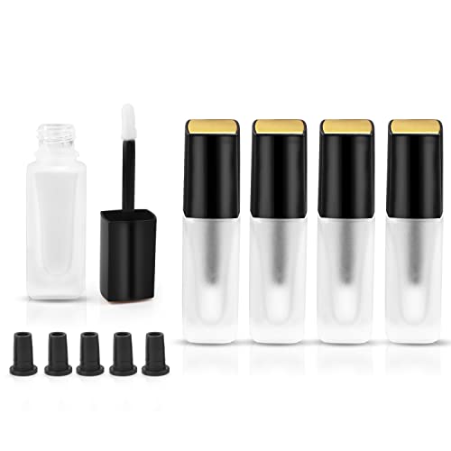 5 Pcs 5ml Frosted Glass Lip Gloss Tubes Refillable Square Lip Glaze Tube Vials Mini Lip Balm Bottle Container with Wands & Stoppers for Women Girls DIY Makeup Travel