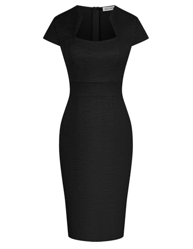 Women's Slim Fit Dress Cap Sleeve Vintage Tweed Midi Stretchy Pencil Dress Black