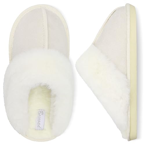 Besroad Womens Winter House Slippers Sandals Plush Faux Fur Fluffy Flats Slippers Warm Slide Shoes Beige 10-11