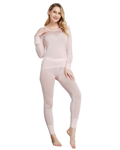 Women's Pure Mulberry Silk Knitted Thermal Underwear Set（Blush,L