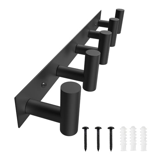 VAEHOLD Black Hat and Coat Wall Mount Rack 5 Hooks for Robes, Bags, Keys, and Towels Bathroom Towel Hanger Organizer (1 Pack)
