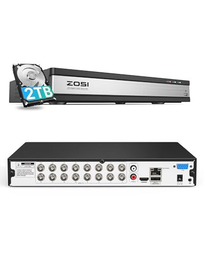 ZOSI 16 Channel H.265+ Home Security DVR Recorder, 1080P Lite Hybrid 4-in-1(Analog/AHD/TVI/CVI) CCTV DVR for Security Camera, Motion Detection, Mobile Remote Control, Alert Push (2TB HDD Included)