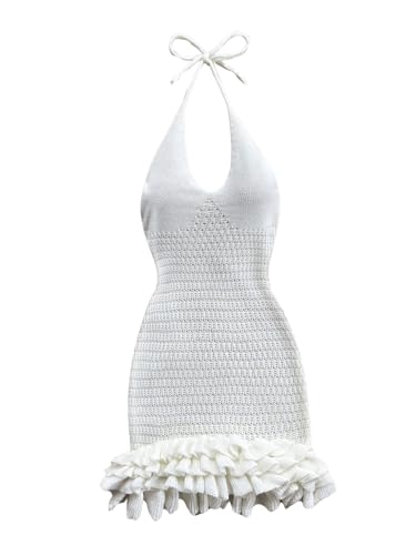 GORGLITTER Women's Crochet Halter Bubble Mini Dress Bow Backless Summer Bodycon Knit Dress Vacation Festival Outfits White Medium