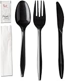 250 Plastic Cutlery Packets - Knife Fork Spoon Napkin Salt Pepper Sets | Black Plastic Silverware Sets Individually Wrapped Cutlery Kits, Plastic Utensil Cutlery Set Disposable Bulk To Go Silverware