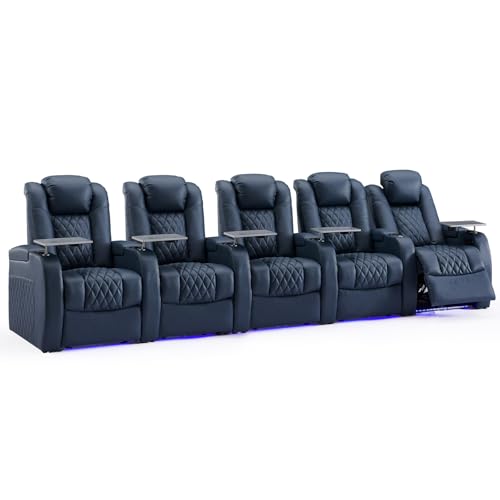 Weilianda Home Theater Seating Top Grain Leather Recliner Chair Power Headrest and Recline Movie Seats Gaming Sofa with Tray Table Type-C USB Charge Cup Holders Row of 5 Blue