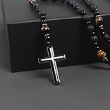 Tiger Eye Black Obsidian and Lava Rock Beads Hematite Cross Pendant Healing Crystal Triple Protection Necklace for Men Religious Faith Prayer Jewelry (A)