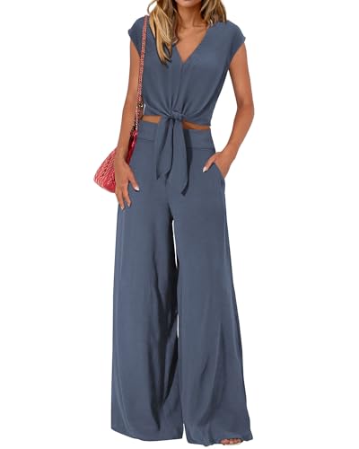 PRETTYGARDEN Women's Summer 2 Piece Outfits 2025 Cap Sleeve V Neck Belted Crop Tops Wide Leg Pant Sets Casual Tracksuit(Solid Grey Blue,Medium)