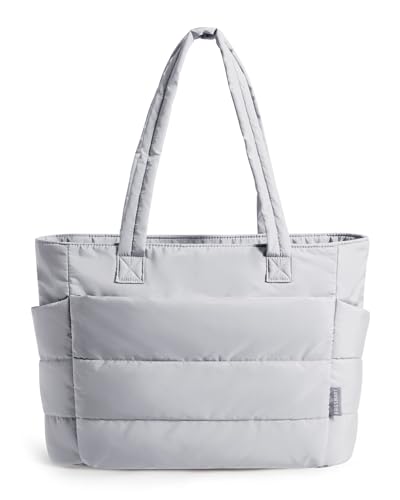 BAGSMART Tote Bag for Women, Lightweight Puffy Tote Bag with Compartments Shoulder Bag Handbag Quilted Shoulder Bag Handbag for Travel, Work, Beach, Gym, Shop(Gray)