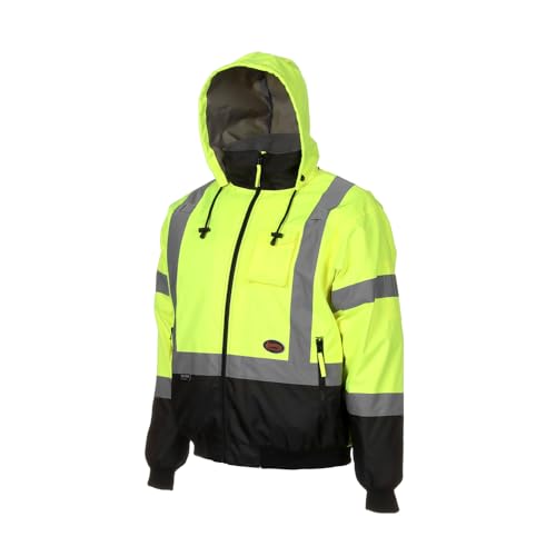 Pioneer Hi Vis Safety Bomber for Men - Waterproof, Reflective, ANSI Class 3, Winter Rain Jacket with Detachable Hood