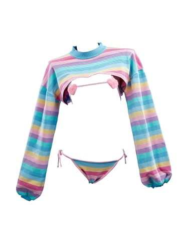 Mobbunny Women Knitted Sexy Lingerie Set Kawaii Rainbow Stripe Crop Top with Bikini Bra Thong Set (Rainbow, S-M)