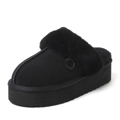 Dearfoams Women's Fireside Melton Shearling Slippers Scuff, Black Platform, 7