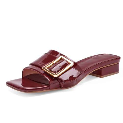 POYOIOR Burgundy Women's Heeled Sandals Opened Square Toe Chunky Block Heel Slide Slippers Patent Leather with Metal Buckle Slip on Casual Comfortable Work Pumps Shoes Size 8.5