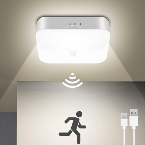 WhitePoplar Rechargeable Motion Sensor Closet Light, Rechargeable Battery Operated Ceiling Light Wireless, 500LM Wireless Motion Activated Light for Shower Stairs Hallway Pantry Porch Garage, 5000K