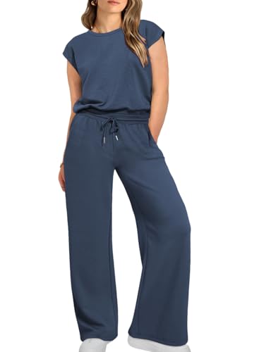 Eytino Women's Plus Size Sets Casual Cap Sleeve Tops High Waist Long Lounge Sweatpants Two Pieces Tracksuits Oversized Pajama Sets Blue 4X