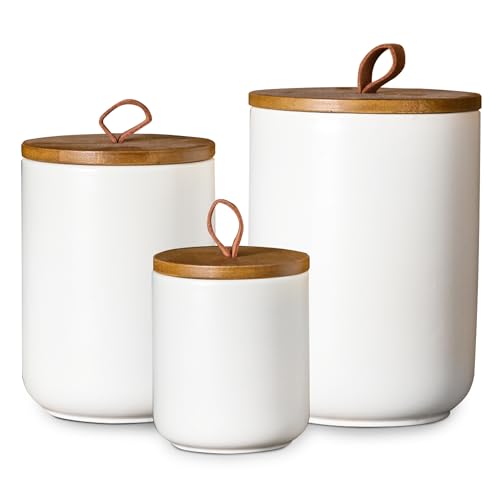 JOJUNO White Ceramic Canister Set with Wooden Lid, 3-Piece Airtight Food Storage Jars for Kitchen Counter - Flour, Sugar, Coffee, Tea, Spice - Small, Medium, Large Sizes