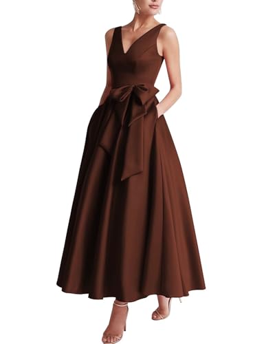 Satin A-line Mother of The Bride Dress for Women V Neck Wedding Guest Dresses Tea Length Formal Party Gowns Brown-8