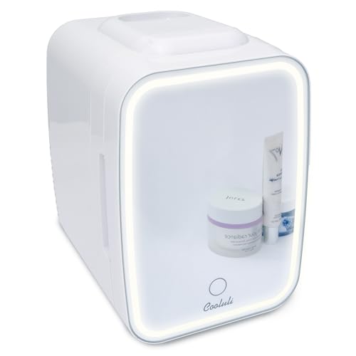 Cooluli Glow 4L Mini Skincare Fridge with Mirror & LED Light - Small Refrigerator for Skin Care, Beauty, Makeup, Cosmetics, Food & Drinks, White