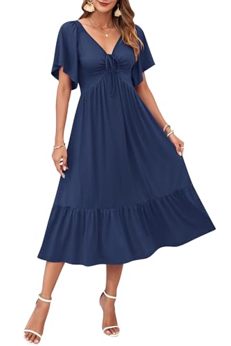 AUSELILY Women's 2025 New Summer Empire Waist Dress Drawstring Pleating Flutter Short Sleeve V Neck Midi Dresses Navy Blue L