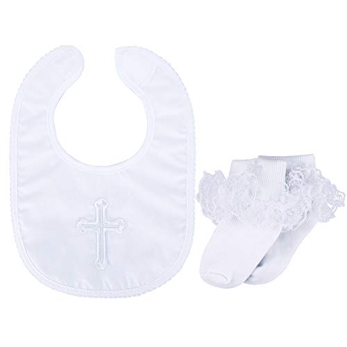 Infant Baby Girls' Christening Baptism Embroidered Cross Bib and Socks for Outfits