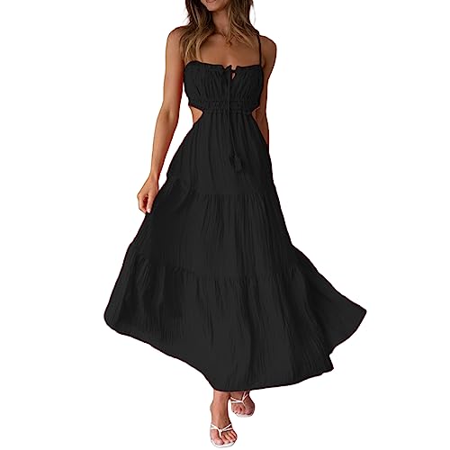 Women Sexy Spaghetti Strap Low Cut Dress Y2k Bodycon Long Dress Sleeveless Backless Maxi Dresses Going Out Party Clubwear (Black01, S)