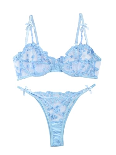 Lilosy Sexy Cute Underwire Push Up Strappy Heart Embroidered Mesh Sheer Lingerie Set for Women Bachelorette See Through Bra and Panty 2 Piece Bow Light Blue Small